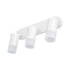 Biała lampa sufitowa Sonaya z trzema reflektorami GU10. Cylindryczne klosze z mlecznego szkła montowane na prostokątnej podstawie. Produkt prezentowany w ujęciu z boku, ukazując kształt i detale konstrukcji.