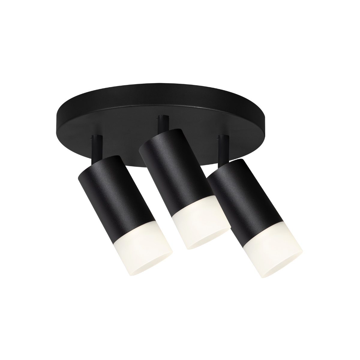 Lampa sufitowa Sonaya z trzema punktami świetlnymi, w kolorze czarnym. Cylindryczne klosze z białym wykończeniem, zamontowane na okrągłej podsufitce. Ujęcie frontalne, eksponujące nowoczesny design.
