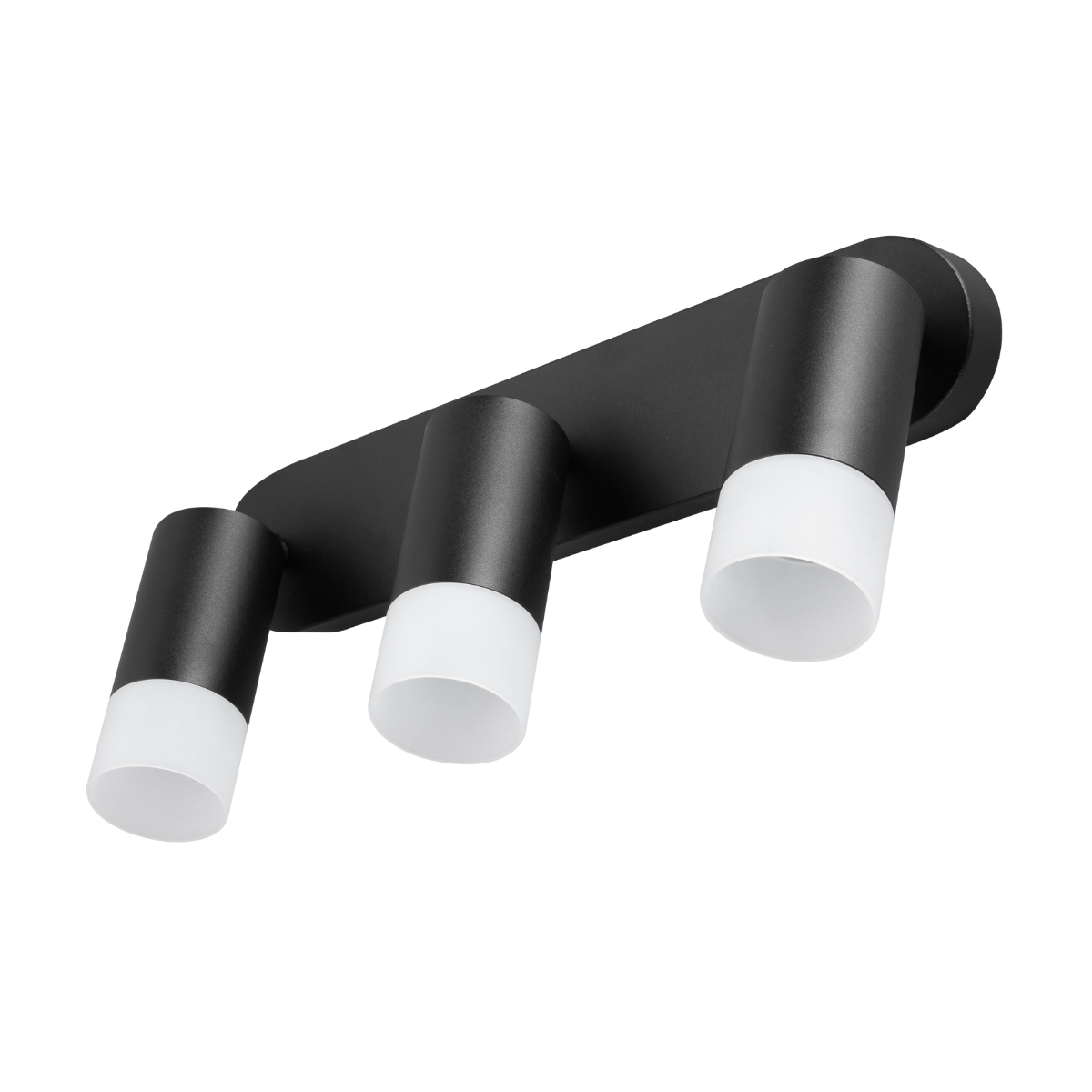 Lampa sufitowa Sonaya LP-2803/3WS BK z trzema reflektorami GU10. Wykończenie w kolorze czarnym, z matowym stelażem oraz białymi kloszami. Ujęcie z przodu, zamontowana na ścianie, ukazuje nowoczesny design i funkcjonalność.