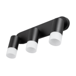 Lampa sufitowa Sonaya LP-2803/3WS BK z trzema reflektorami GU10. Wykończenie w kolorze czarnym, z matowym stelażem oraz białymi kloszami. Ujęcie z przodu, zamontowana na ścianie, ukazuje nowoczesny design i funkcjonalność.