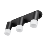 Czarna lampa sufitowa Sonaya z trzema reflektorami GU10. Reflektory mają matowe, białe klosze u góry i cylindryczny kształt. Ujęcie z boku, lampa zamontowana na ścianie. Prosty, nowoczesny design, idealna do oświetlenia wnętrz.