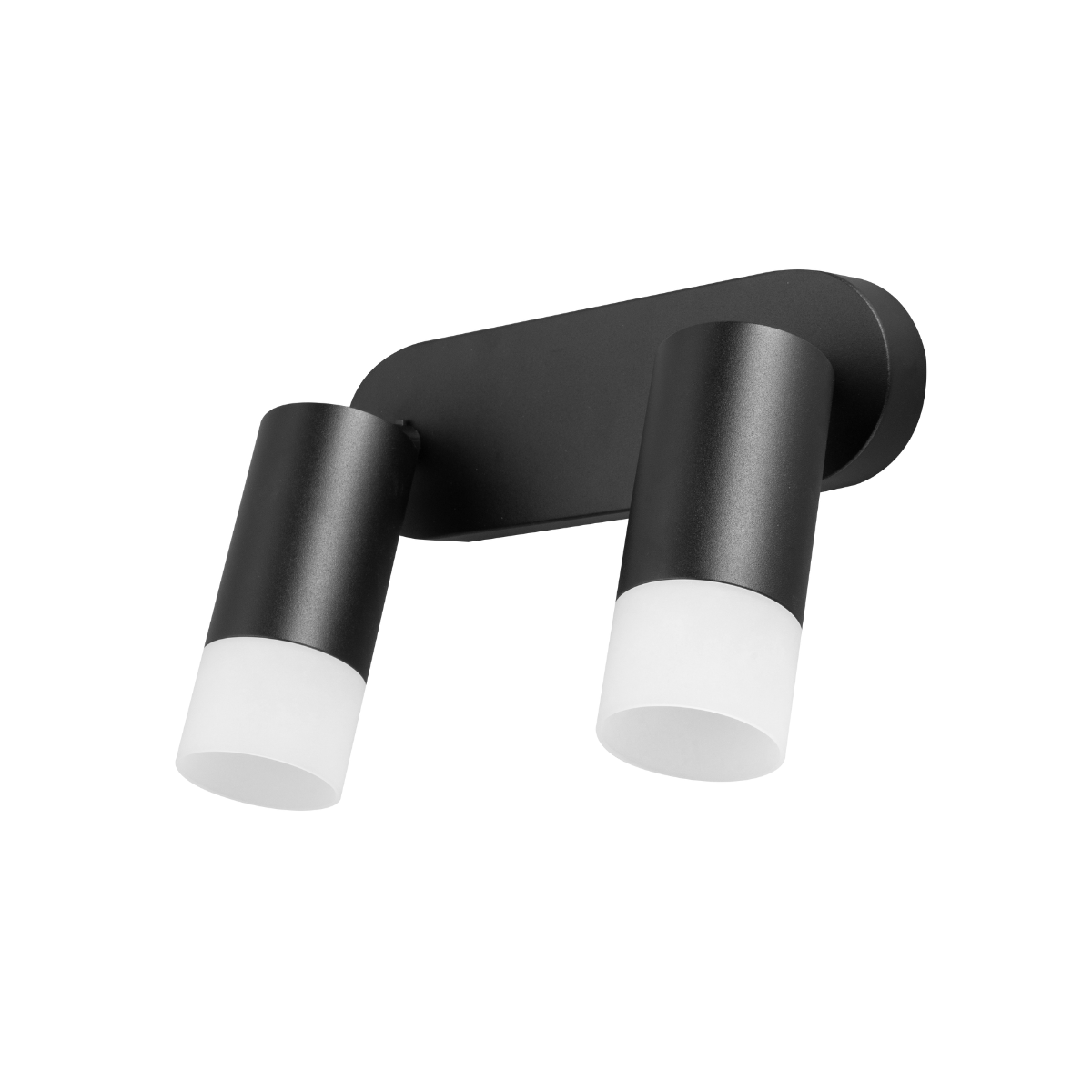 Czarna lampa sufitowa Sonaya LP-2803/2WS BK z dwoma okrągłymi reflektorami, każdy z białym, matowym kloszem. Ujęcie frontalne, montowana na ścianie. Prosty, nowoczesny design, idealna do różnych aranżacji wnętrz.