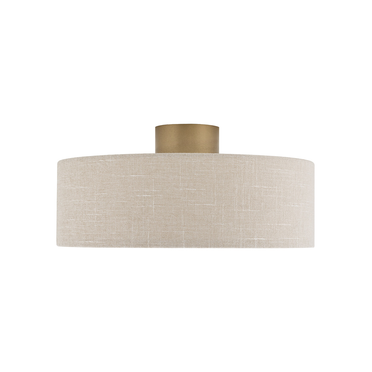 Lampa sufitowa Santana M w kolorze kremowym, z oprawą z metalowym wykończeniem w kolorze złotym. Okrągły klosz z materiału, montowany do sufitu, jeden gwint E27. Prosty, minimalistyczny design, idealny do różnych aranżacji wnętrz.