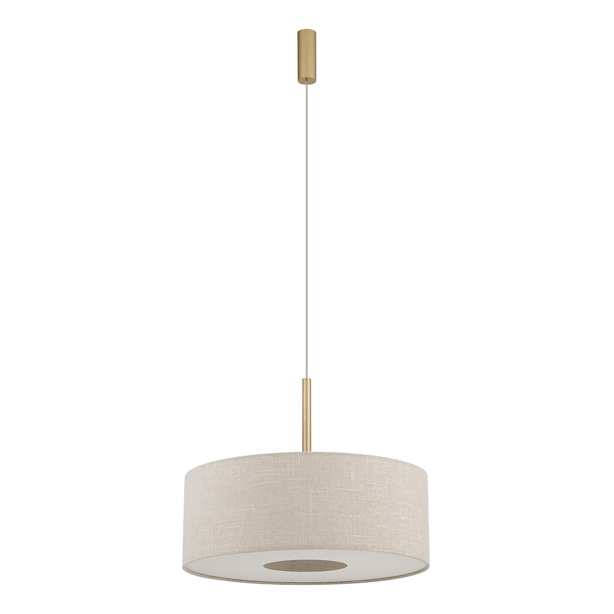 Lampa wisząca Santana M w kolorze kremowym, z abażurem w kształcie cylindra. Posiada metalowy uchwyt w kolorze złotym i jedno miejsce na żarówkę E27. Zawieszona na cienkim przewodzie, prezentuje minimalistyczny design.