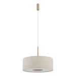 Lampa wisząca Santana M w kolorze kremowym, z abażurem w kształcie cylindra. Posiada metalowy uchwyt w kolorze złotym i jedno miejsce na żarówkę E27. Zawieszona na cienkim przewodzie, prezentuje minimalistyczny design.