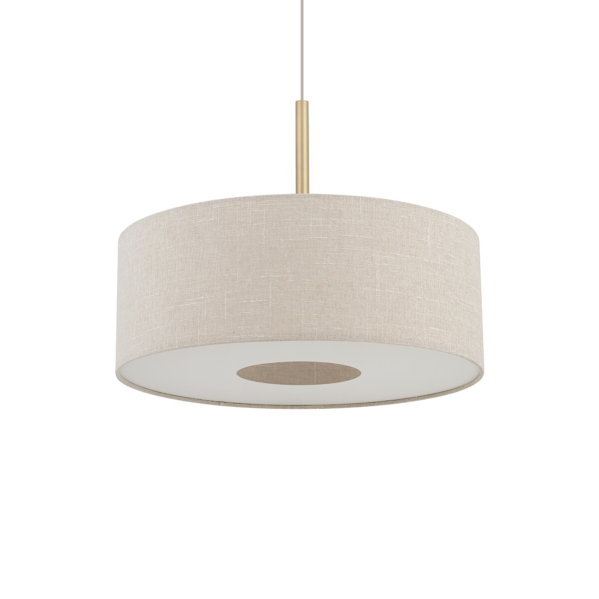 Lampa wisząca Santana M z okrągłym kloszem w kolorze kremowym, wykonana z tkaniny, z metalowym elementem w kolorze złotym. Ujęcie frontalne, zawieszona na długim przewodzie, z widocznym otworem na żarówkę E27.