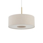 Lampa wisząca Santana M z okrągłym kloszem w kolorze kremowym, wykonana z tkaniny, z metalowym elementem w kolorze złotym. Ujęcie frontalne, zawieszona na długim przewodzie, z widocznym otworem na żarówkę E27.