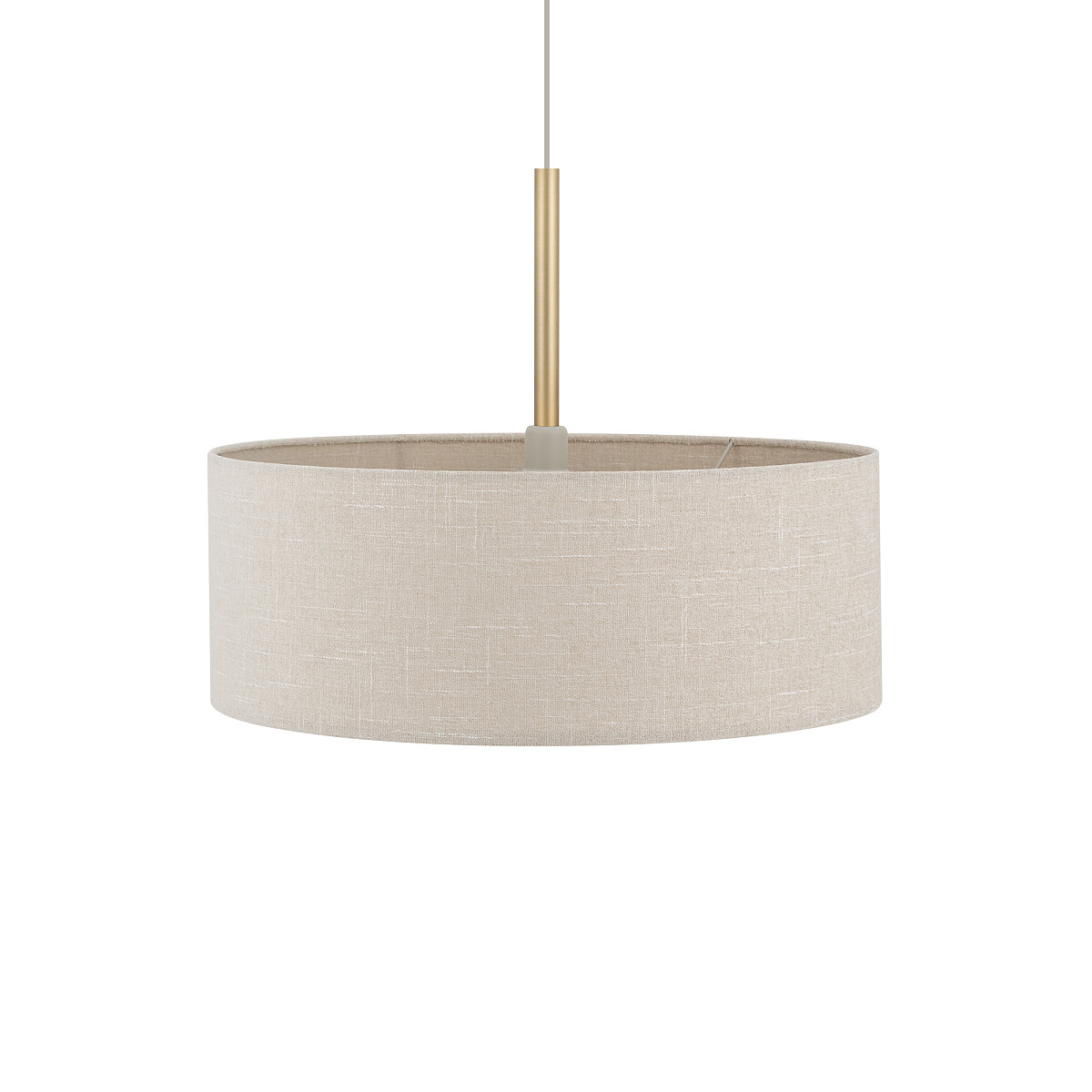 Lampa wisząca Santana M z kremowym abażurem w kształcie okrągłego cylindru, zawieszona na złotej metalowej rurce. Produkt przeznaczony na jedną żarówkę typu E27, prezentujący minimalistyczny design.