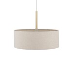 Lampa wisząca Santana M z kremowym abażurem w kształcie okrągłego cylindru, zawieszona na złotej metalowej rurce. Produkt przeznaczony na jedną żarówkę typu E27, prezentujący minimalistyczny design.