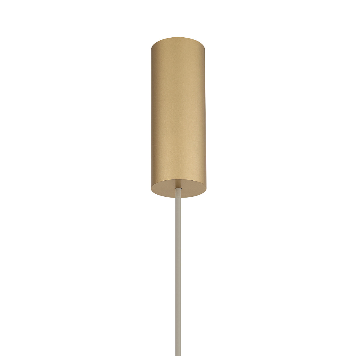 Lampa wisząca Santana M w kolorze kremowym, z cylindrycznym kloszem o matowej powierzchni. Ujęcie frontalne, zawieszona na cienkim kablu. Przeznaczona na jedną żarówkę E27.
