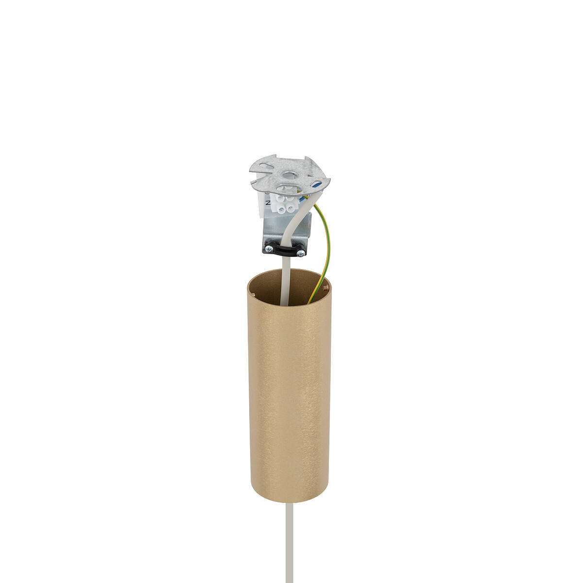 Lampa wisząca Santana M w kolorze kremowym, z metalowym, cylindrycznym kloszem o matowej fakturze. Widoczny uchwyt do żarówki E27 oraz przewody w kolorze białym i zielonym. Produkt zawieszony, zminimalizowane tło.