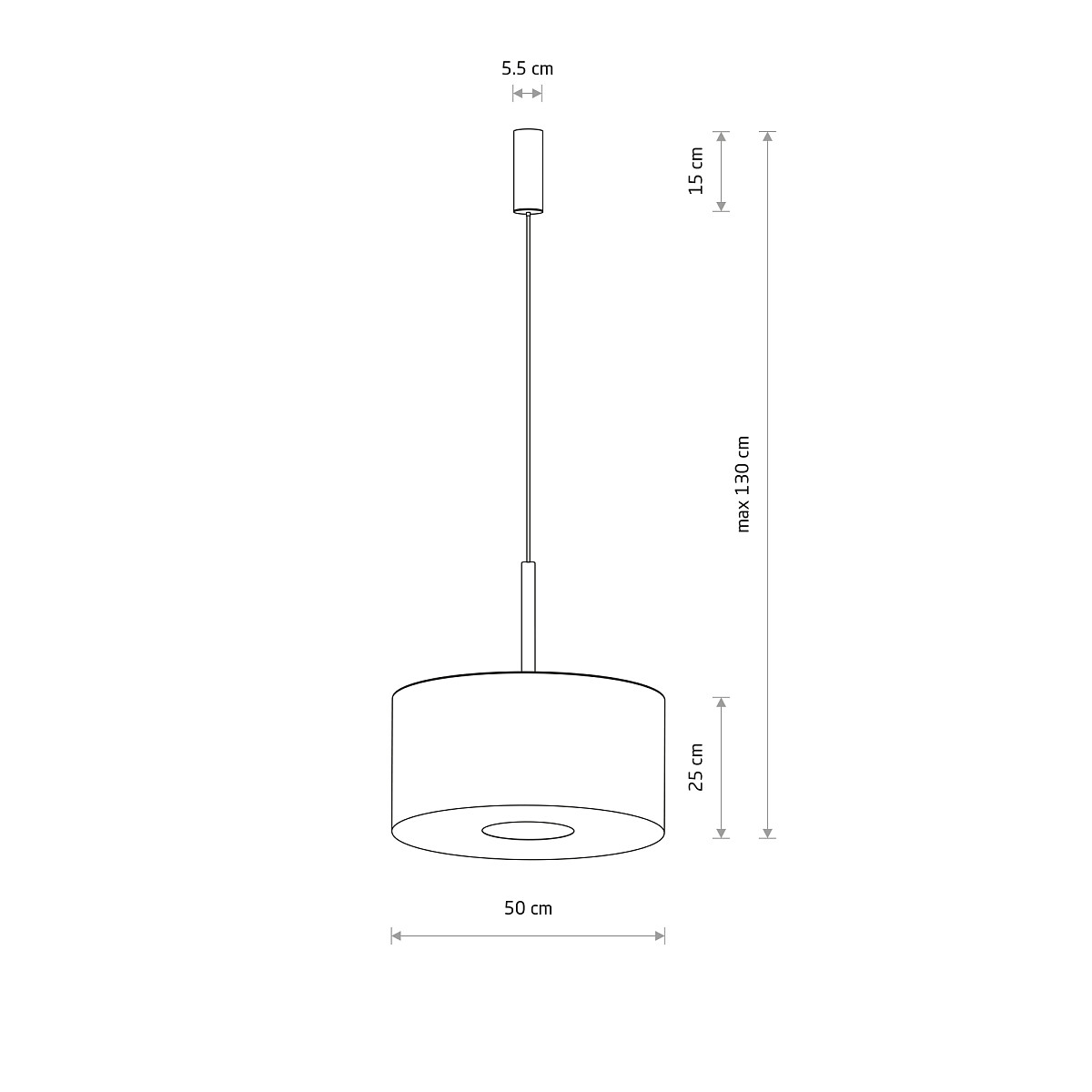 Lampa wisząca Santana M w kolorze kremowym, z oprawą na żarówkę E27. Okrągły klosz o średnicy 50 cm i wysokości 25 cm, zawieszony na cienkim przewodzie o długości max 130 cm. Design minimalistyczny, idealny do nowoczesnych wnętrz.