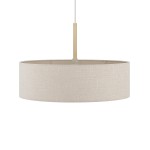 Lampa wisząca Santana L w kolorze kremowym z okrągłym abażurem z tkaniny, zawieszona na złotym uchwycie. Produkt ma miejsce na jedną żarówkę E27. Ujęcie frontalne, na białym tle.