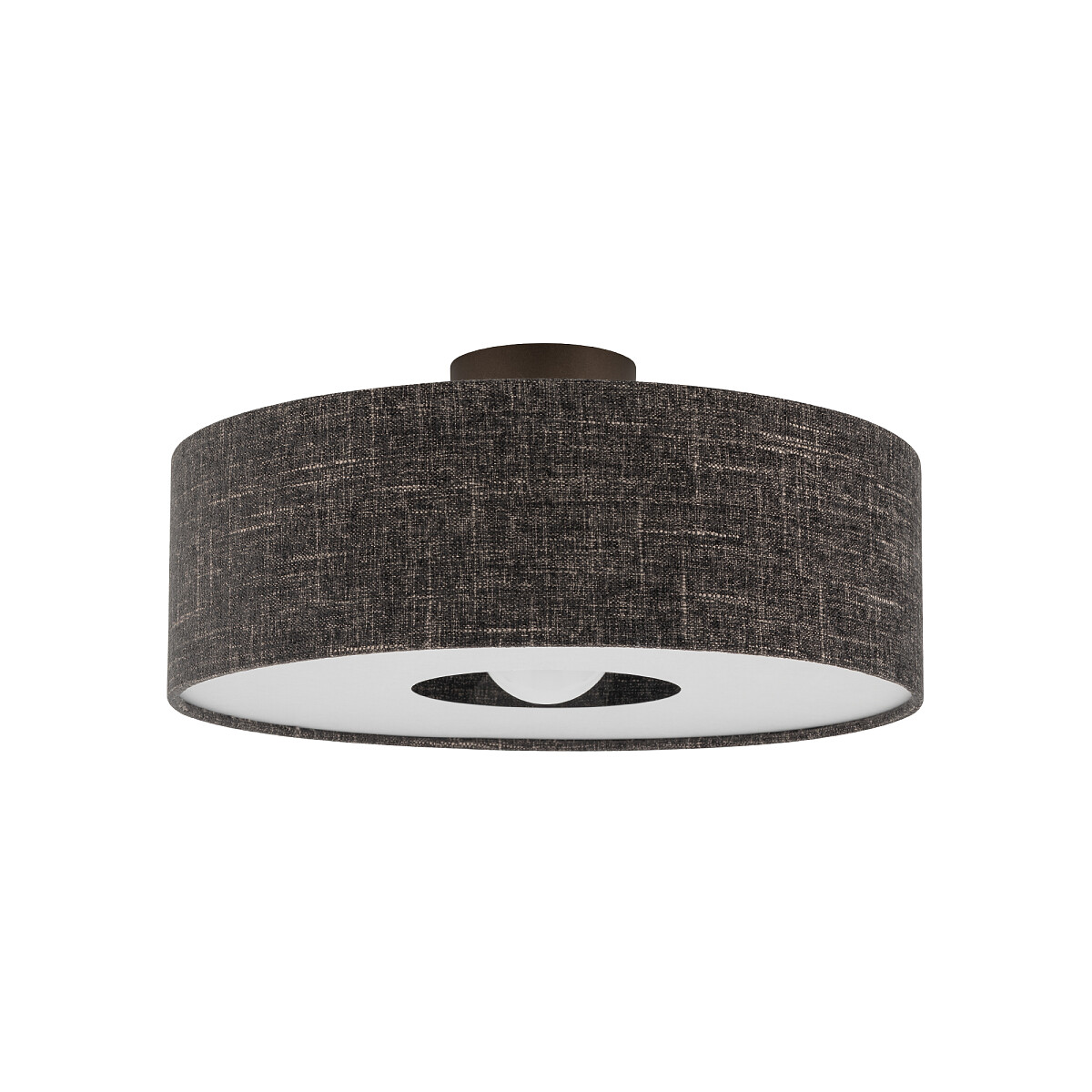 Lampa sufitowa Amarela M z okrągłym kloszem w czarnym melanżu, montowana na suficie. Wyposażona w jedno gniazdo E27. Klosz z teksturą, z białym wnętrzem, zapewniający równomierne rozproszenie światła.