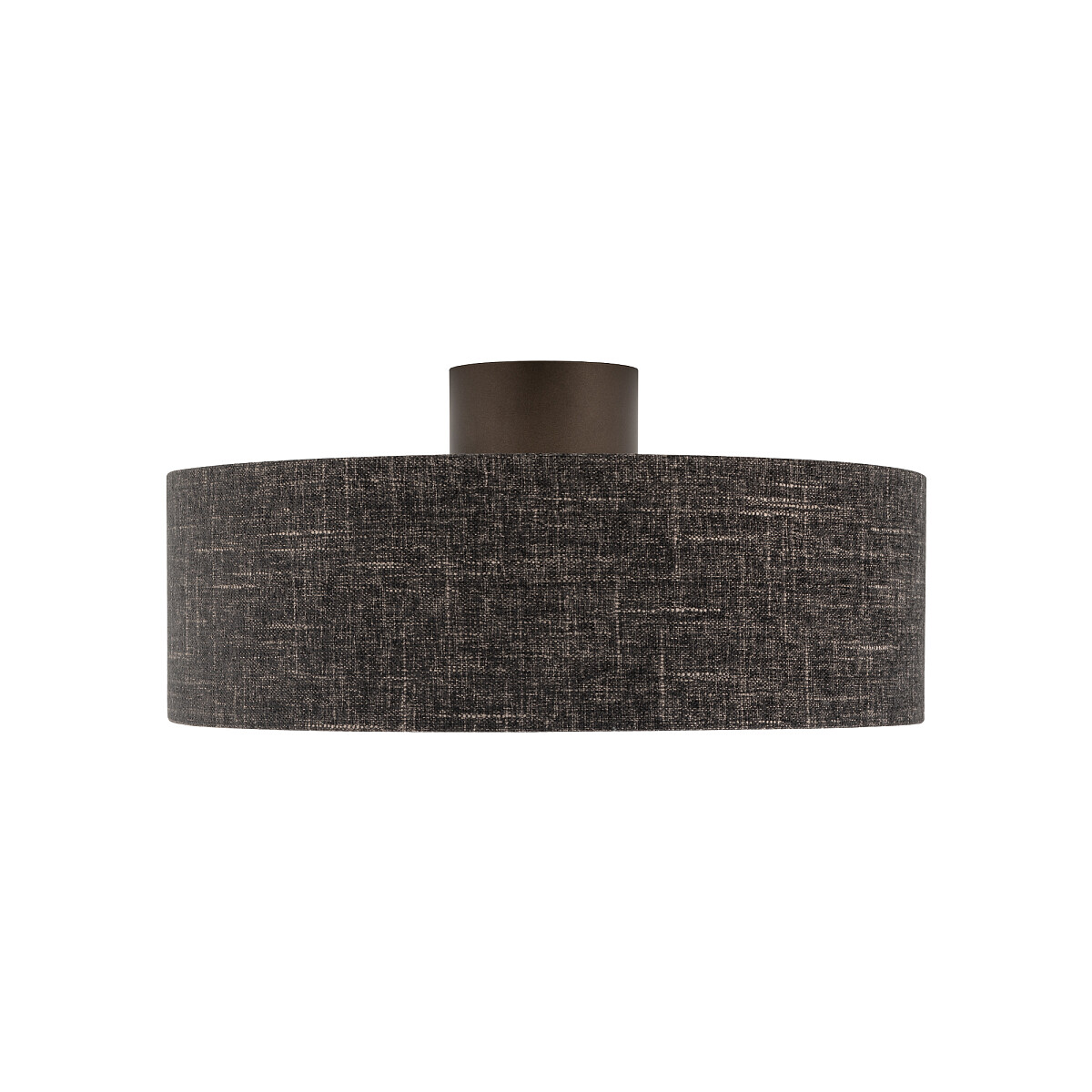 Lampa sufitowa Amarela M w kolorze czarnego melanżu, z metalowym mocowaniem. Okrągły klosz z tkaniny, zawieszony na stelażu. E27, idealna do nowoczesnych wnętrz. Ujęcie frontalne na białym tle.