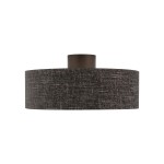 Lampa sufitowa Amarela M w kolorze czarnego melanżu, z metalowym mocowaniem. Okrągły klosz z tkaniny, zawieszony na stelażu. E27, idealna do nowoczesnych wnętrz. Ujęcie frontalne na białym tle.