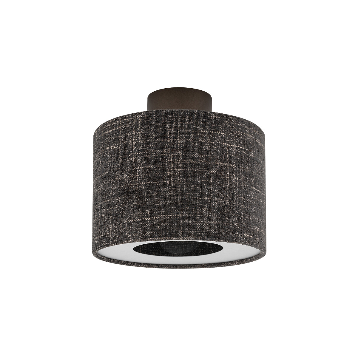 Lampa sufitowa Amarela S w kolorze czarnego melanżu, wykonana z materiału tekstylnego. Okrągły klosz z białym wnętrzem, zawieszony na metalowym mocowaniu. Produkt w widoku frontalnym, prezentujący jego fakturę i kształt.
