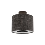 Lampa sufitowa Amarela S w kolorze czarnego melanżu, wykonana z materiału tekstylnego. Okrągły klosz z białym wnętrzem, zawieszony na metalowym mocowaniu. Produkt w widoku frontalnym, prezentujący jego fakturę i kształt.