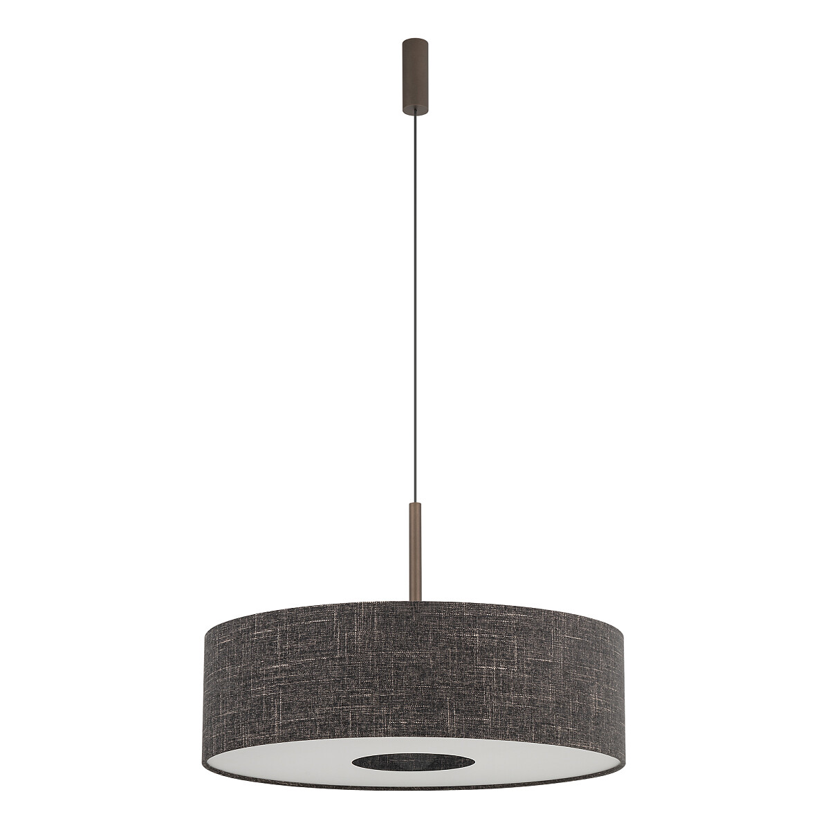 Lampa wisząca Amarela L z oprawą w czarnym melanżu, jedną żarówką E27. Okrągły klosz z tkaniny, zawieszony na cienkim przewodzie, z metalowym mocowaniem u góry. Prosta forma, idealna do nowoczesnych wnętrz.