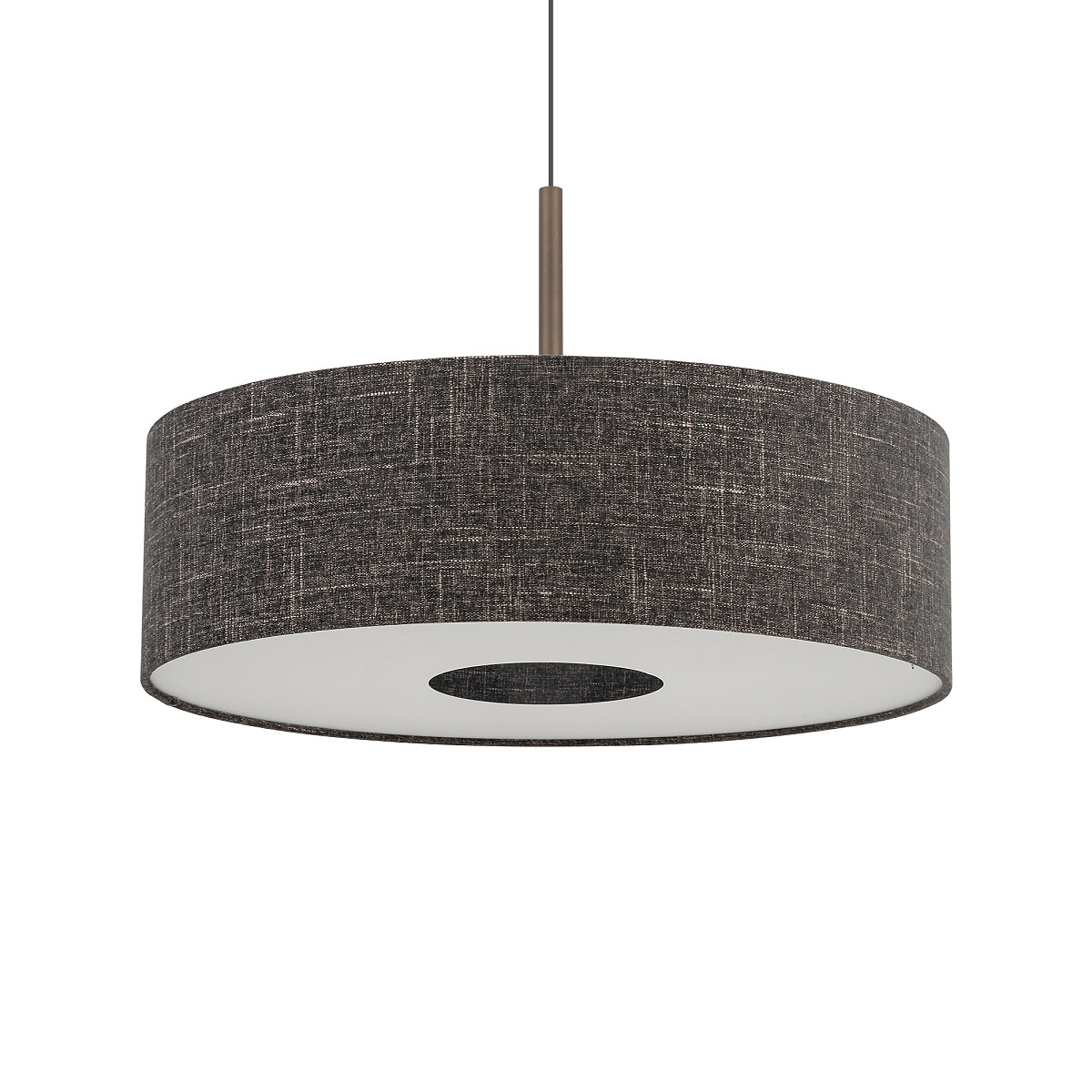 Lampa wisząca Amarela L z kloszem w czarnym melanżu, okrągła, z metalowym mocowaniem. Zawieszona na cienkim przewodzie, posiada miejsce na żarówkę E27. Tło białe, podkreślające elegancki design lampy.
