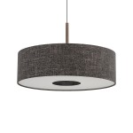 Lampa wisząca Amarela L z kloszem w czarnym melanżu, okrągła, z metalowym mocowaniem. Zawieszona na cienkim przewodzie, posiada miejsce na żarówkę E27. Tło białe, podkreślające elegancki design lampy.