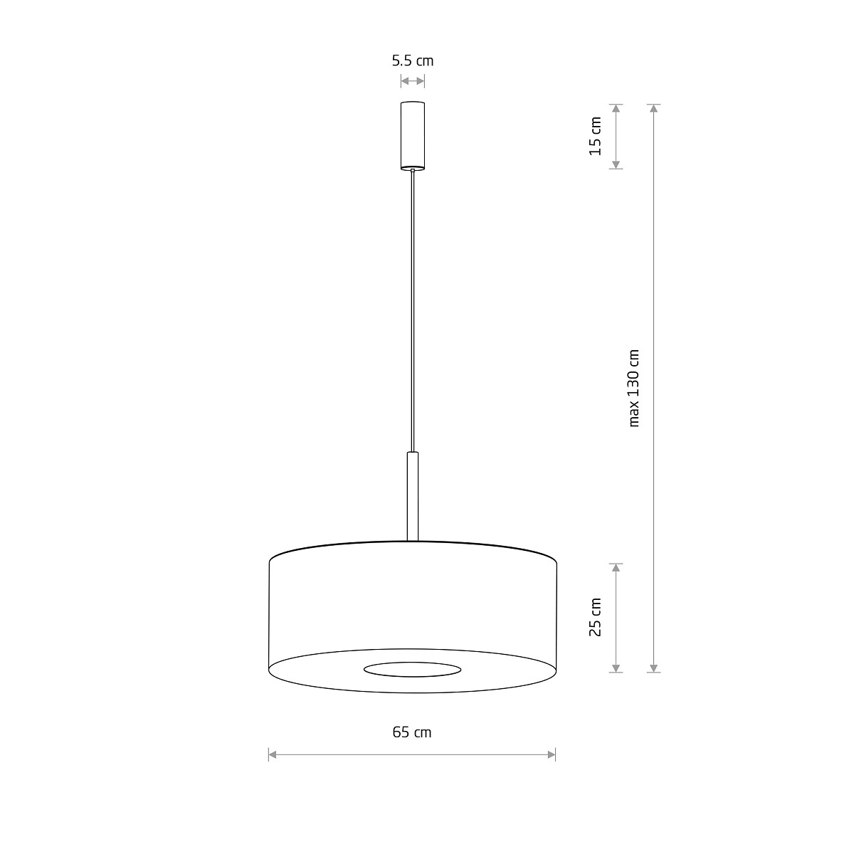 Lampa wisząca Amarela L w kolorze czarnym melanż, z jednym gniazdem E27. Okrągły klosz o średnicy 65 cm i wysokości 25 cm, zawieszony na cienkim przewodzie, z maksymalną długością 130 cm. Minimalistyczny design, idealna do nowoczesnych wnętrz.