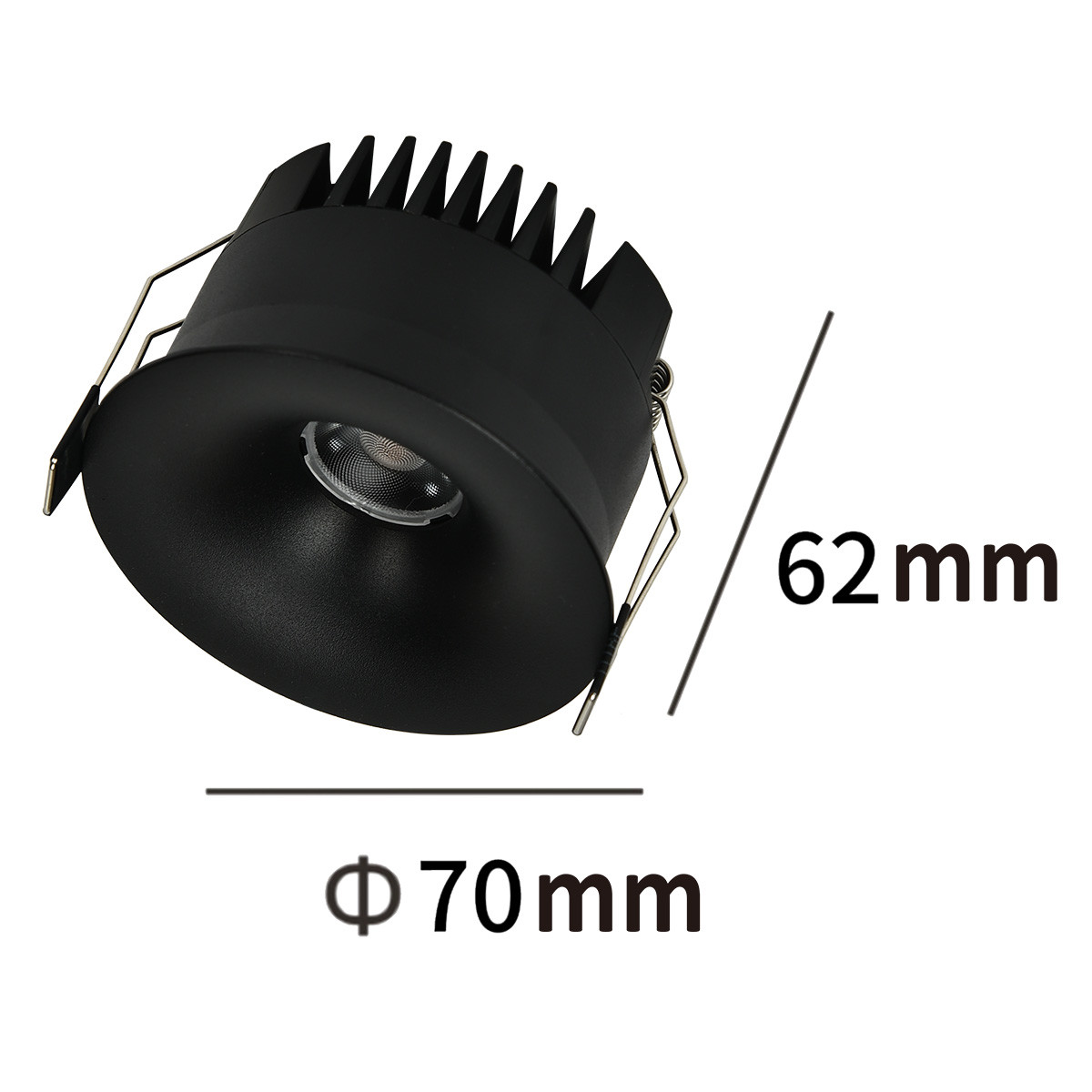 Oprawa do zabudowy z jedną diodą LED o mocy 7W w kolorze czarnym. Widok z góry, ukazujący średnicę 70 mm i wysokość 62 mm. Elementy montażowe w postaci sprężyn. Matowa powierzchnia z teksturą. Idealna do nowoczesnych wnętrz.