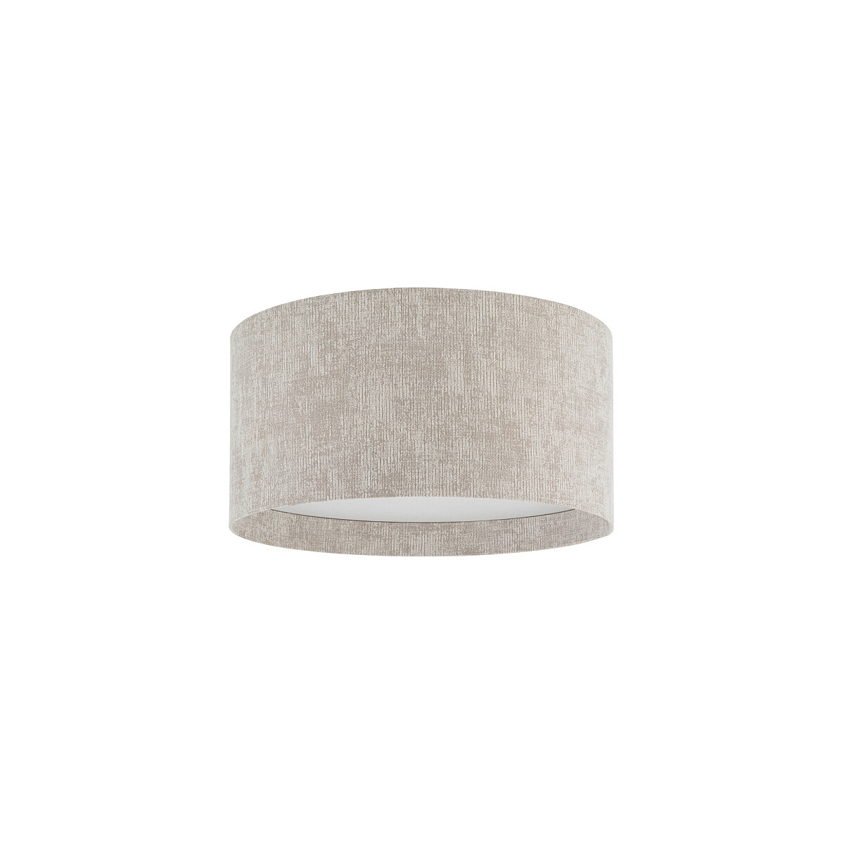 Lampa sufitowa Cedro S w kolorze beżowym z oprawą na żarówkę E27. Okrągła konstrukcja z materiału o teksturze przypominającej tkaninę, zamontowana w pozycji poziomej. Prosty design, odpowiednia do różnych aranżacji wnętrz.