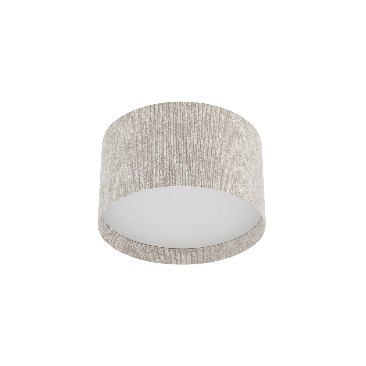 Lampa sufitowa Cedro S w kolorze beżowym, z okrągłym kloszem z teksturowanego materiału, przeznaczona na jedną żarówkę E27. Produkt prezentowany w ujęciu frontalnym, zawieszony na suficie.