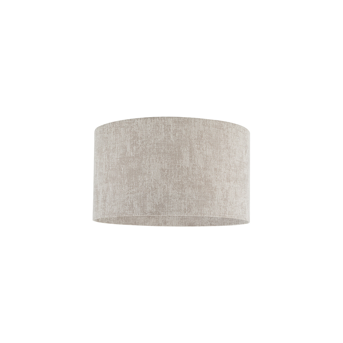 Lampa sufitowa Cedro S w kolorze beżowym, o okrągłym kształcie. Wykonana z tkaniny o delikatnej fakturze. Przeznaczona do jednego źródła światła E27. Ujęcie frontalne, produkt zawieszony w powietrzu na białym tle.