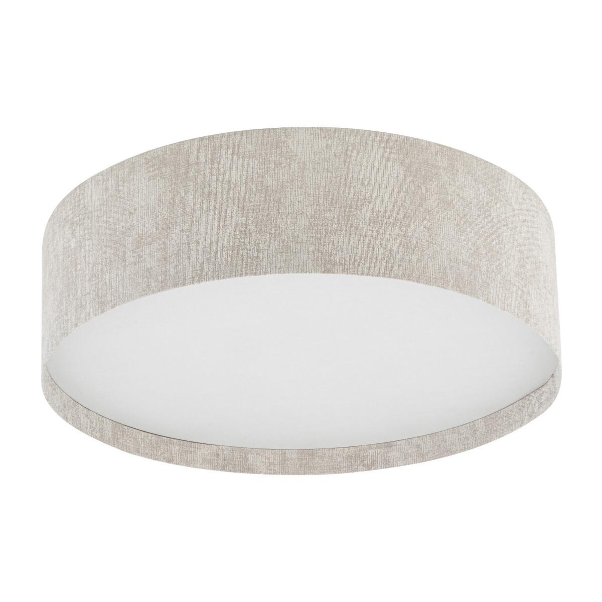 Lampa sufitowa Cedro M w kolorze beżowym, z kloszem w formie płaskiego talerza. Wykonana z materiału tekstylnego, z miejscem na jedną żarówkę E27. Widok z góry, ukazujący prosty, elegancki design.