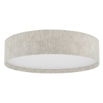 Beżowa lampa sufitowa Cedro L z oprawą na jedną żarówkę E27. Okrągły kształt z teksturowanym kloszem i białym wnętrzem, zawieszona poziomo. Idealna do nowoczesnych wnętrz, zapewnia równomierne oświetlenie.