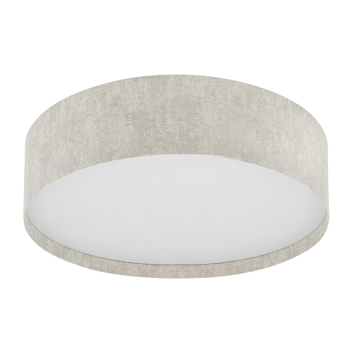 Lampa sufitowa Cedro L w kolorze beżowym, z okrągłym kloszem o delikatnej fakturze. Posiada miejsce na jedną żarówkę E27. Ujęcie z góry, ukazujące gładką, matową powierzchnię klosza.