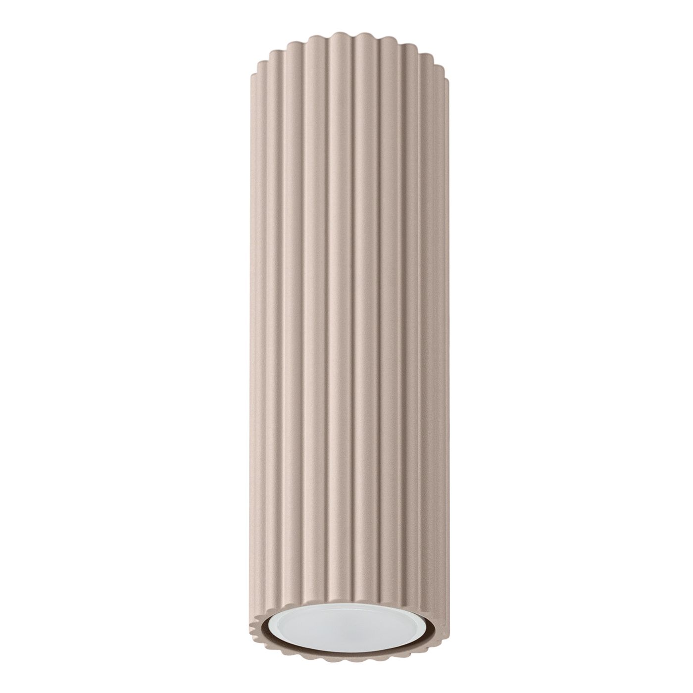 Lampa sufitowa Karbon 20 l, kolor taupe, w kształcie cylindrycznym z rowkami. Posiada oprawę na żarówkę GU10. Ujęcie frontalne, zawieszona, na jednolitym tle. Wymiary i detale struktury widoczne w projekcie.