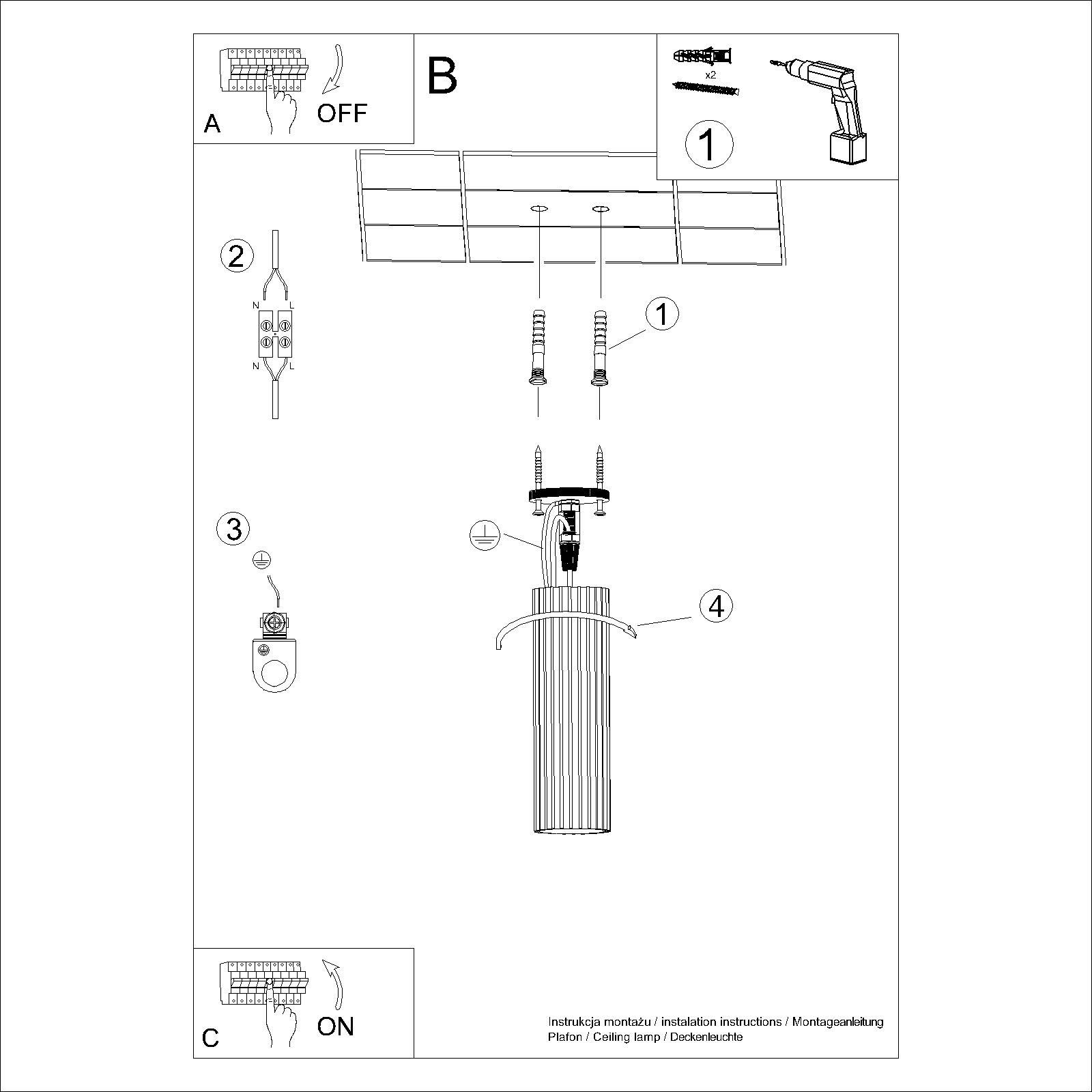 Lampa sufitowa Karbon 20 l, taupe, z oprawą na jedną żarówkę GU10. Widoczna konstrukcja z metalowym wykończeniem, prostokątny kształt, montaż na suficie. Instrukcja instalacji z numerowanymi krokami oraz pozycjami elementów montażowych.