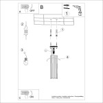 Lampa sufitowa Karbon 20 l, taupe, z oprawą na jedną żarówkę GU10. Widoczna konstrukcja z metalowym wykończeniem, prostokątny kształt, montaż na suficie. Instrukcja instalacji z numerowanymi krokami oraz pozycjami elementów montażowych.