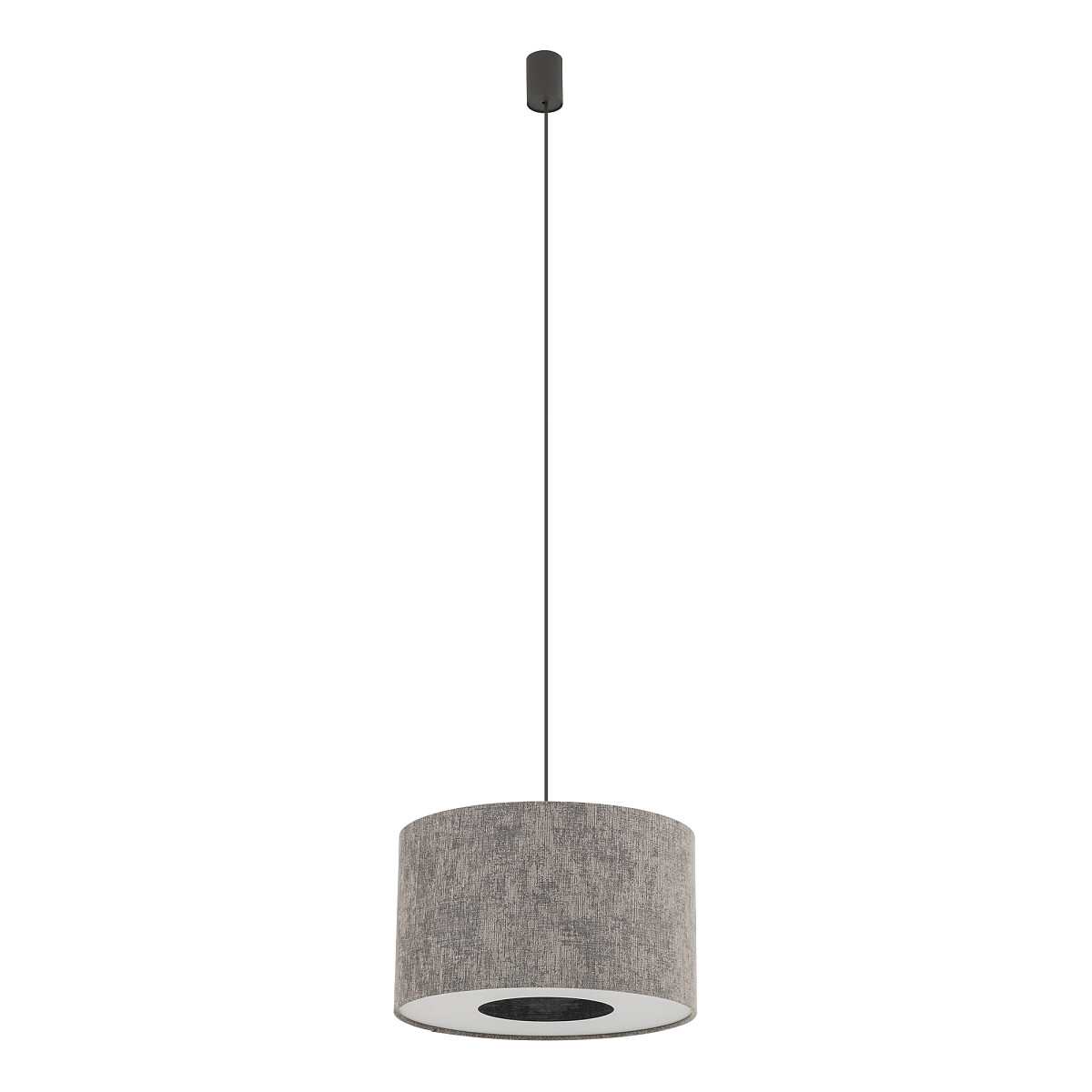 Lampa wisząca Lago S z kloszem w szarym kolorze, wykonana z materiału tekstylnego, z pojedynczym gniazdem E27. Produkt wisi na cienkim, czarnym przewodzie, z okrągłym, białym elementem u góry. Prosta forma, idealna do nowoczesnych wnętrz.