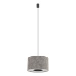 Lampa wisząca Lago S z kloszem w szarym kolorze, wykonana z materiału tekstylnego, z pojedynczym gniazdem E27. Produkt wisi na cienkim, czarnym przewodzie, z okrągłym, białym elementem u góry. Prosta forma, idealna do nowoczesnych wnętrz.
