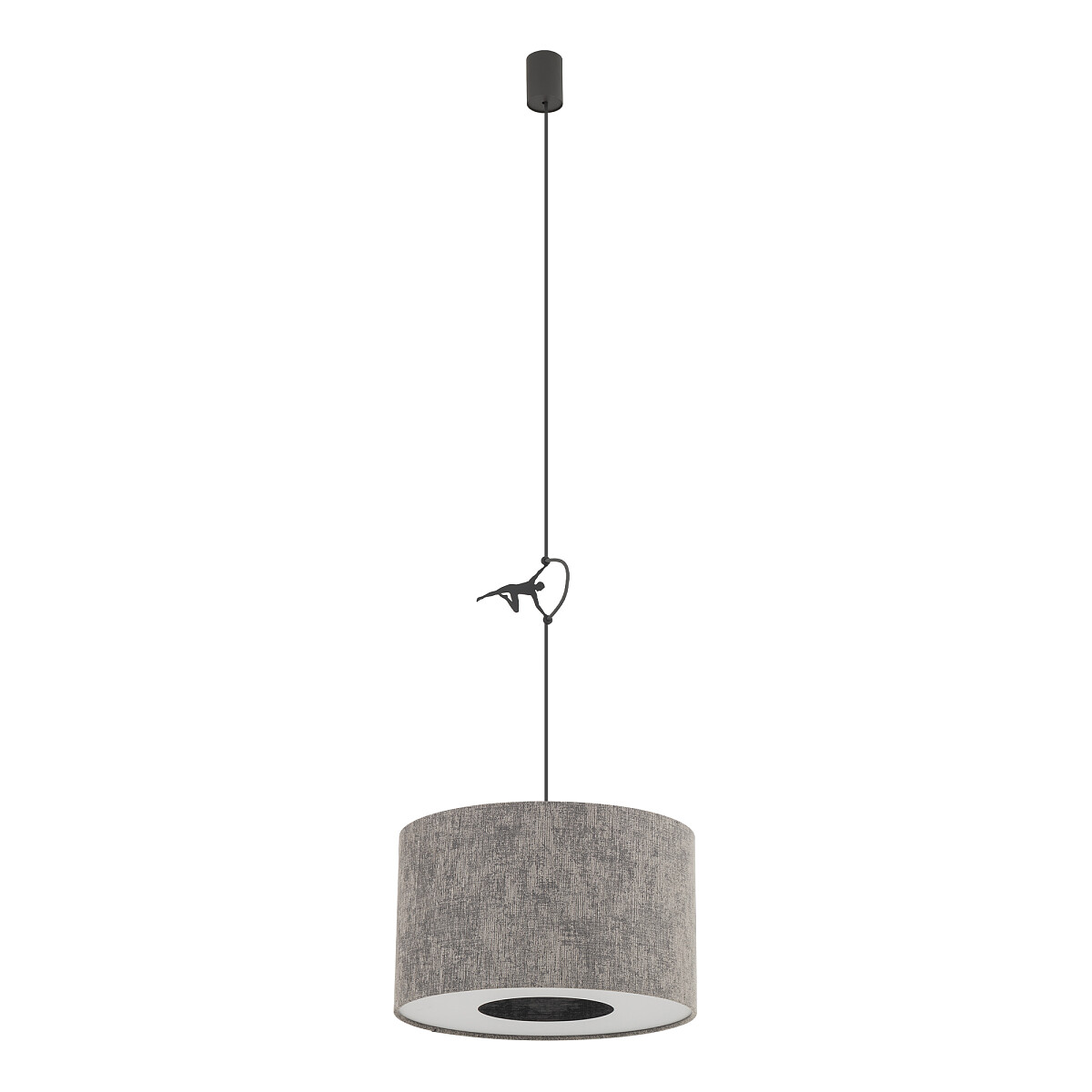 Lampa wisząca Lago S z kloszem w szarym kolorze, wykonana z materiału tekstylnego. Ma okrągły kształt, zawieszona na czarnym przewodzie, z metalowym mocowaniem. Idealna do nowoczesnych wnętrz.