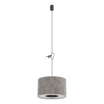Lampa wisząca Lago S z kloszem w szarym kolorze, wykonana z materiału tekstylnego. Ma okrągły kształt, zawieszona na czarnym przewodzie, z metalowym mocowaniem. Idealna do nowoczesnych wnętrz.