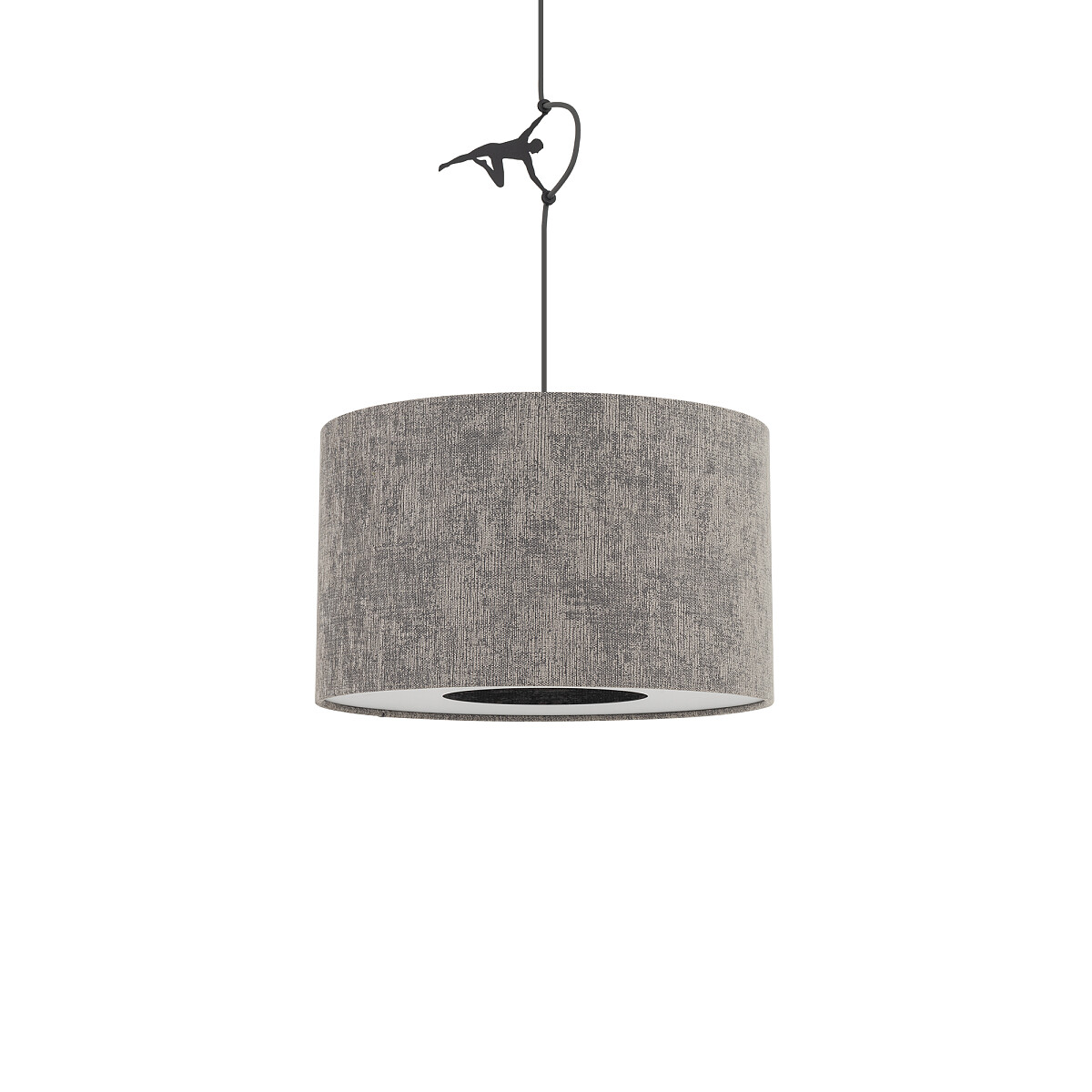 Lampa wisząca Lago S z kloszem w szarym kolorze, wykonana z materiału tekstylnego. Okrągły kształt, zawieszona na czarnym przewodzie. Przeznaczona do żarówki E27. Prosta forma pasująca do różnych aranżacji wnętrz.