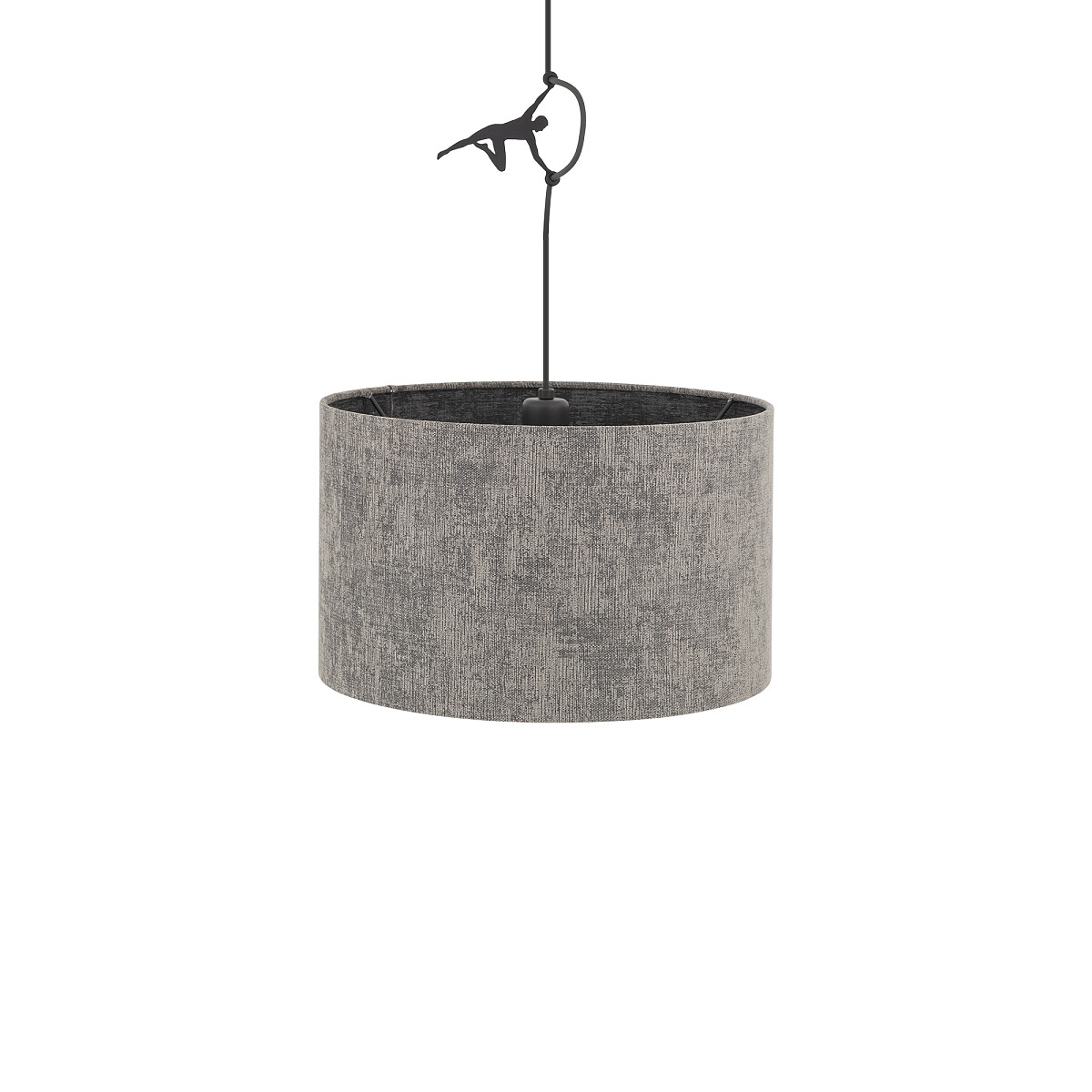 Lampa wisząca Lago S w kolorze szarym, z okrągłym abażurem z materiału tekstylnego. Montaż na czarnym przewodzie z metalowym mocowaniem. Przeznaczona na żarówkę E27. Zawieszona w pozycji centralnej, na jednolitym tle.
