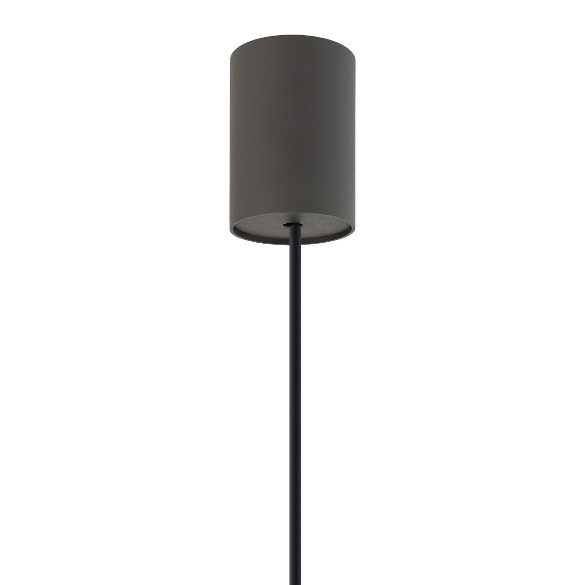 Lampa wisząca Lago S z kloszem w kolorze szarym, wykonana z metalu, z jednym gwintem E27. Ujęcie frontalne, lampa zawieszona na cienkiej, czarnej rurce. Prosty, minimalistyczny design, idealna do nowoczesnych wnętrz.