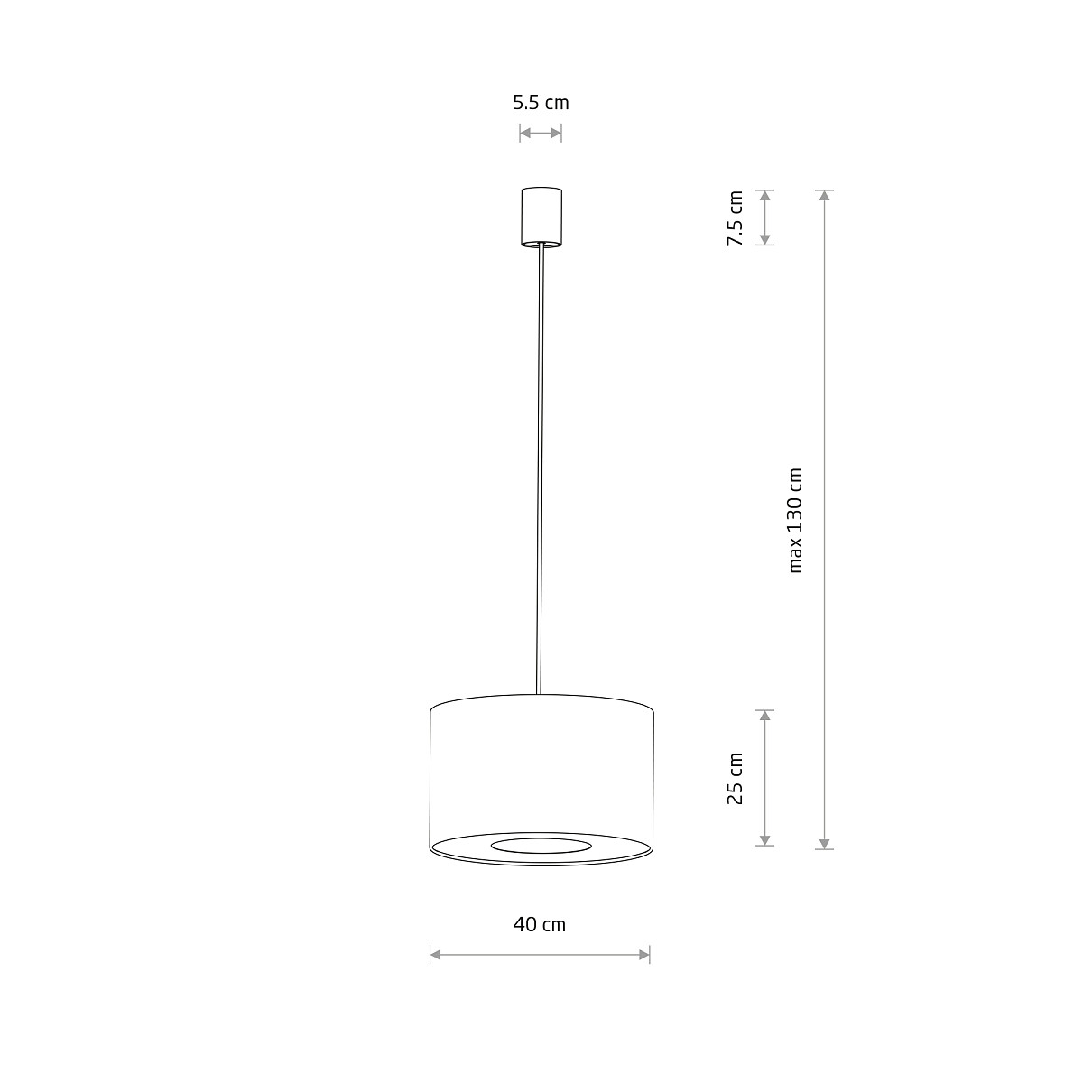 Lampa wisząca Lago S w kolorze szarym, z oprawą na żarówkę E27. Okrągły klosz o średnicy 40 cm i wysokości 25 cm, zawieszony na cienkim przewodzie, z możliwością regulacji długości do 130 cm. Prosta, nowoczesna forma.