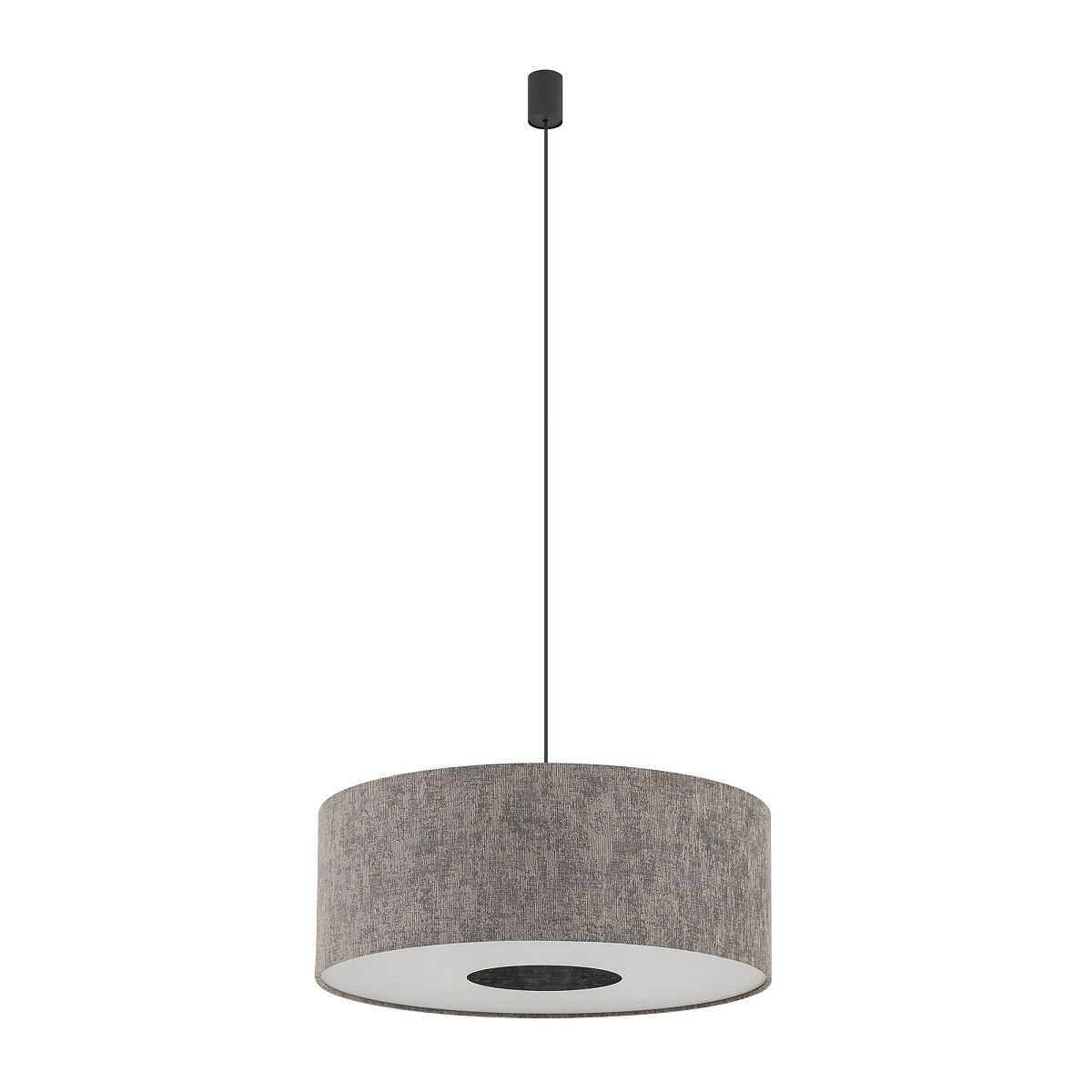 Lampa wisząca Lago M z jednym gniazdem E27. Okrągły klosz w szarym kolorze z teksturowanym wykończeniem, zawieszony na cienkim, czarnym przewodzie. Prosta konstrukcja, idealna do nowoczesnych wnętrz.