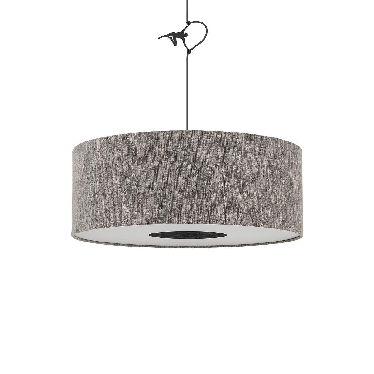 Lampa wisząca Lago M w kolorze szarym z kloszem w kształcie cylindrycznym, zawieszona na czarnym przewodzie. Klosz wykonany z tekstylnego materiału o subtelnej fakturze, z białym wnętrzem, idealna do wnętrz nowoczesnych.