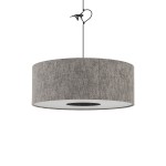 Lampa wisząca Lago M w kolorze szarym z kloszem w kształcie cylindrycznym, zawieszona na czarnym przewodzie. Klosz wykonany z tekstylnego materiału o subtelnej fakturze, z białym wnętrzem, idealna do wnętrz nowoczesnych.