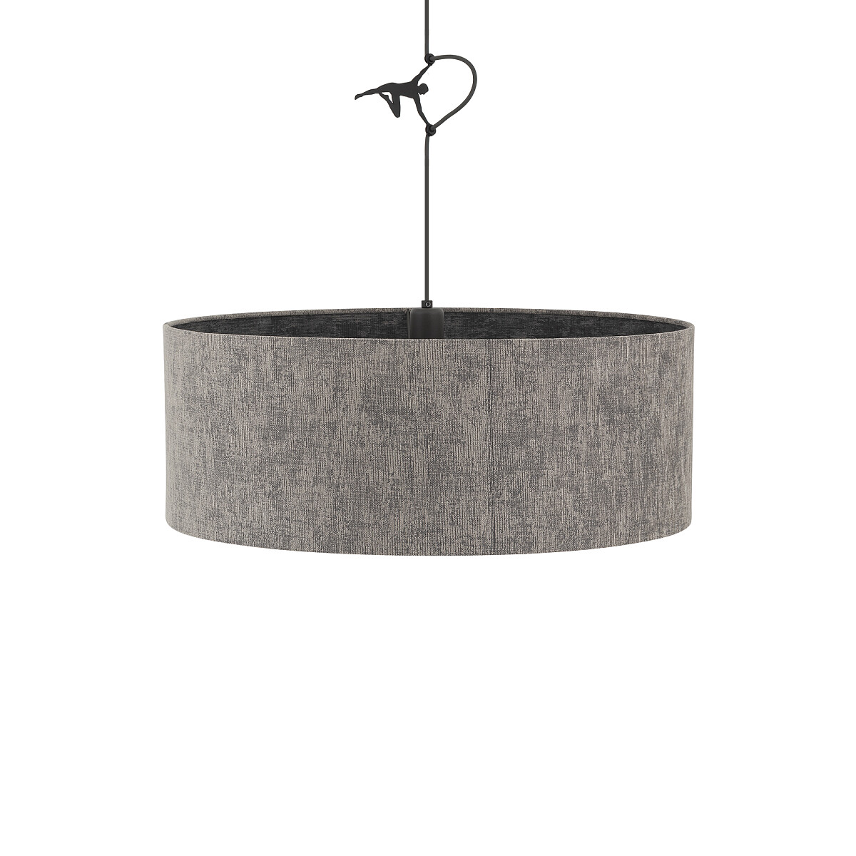 Lampa wisząca Lago M w odcieniu szarym, z okrągłym abażurem z materiału tekstylnego. Wisi na czarnym przewodzie, z widocznym uchwytem montażowym. Przeznaczona na jedną żarówkę E27.