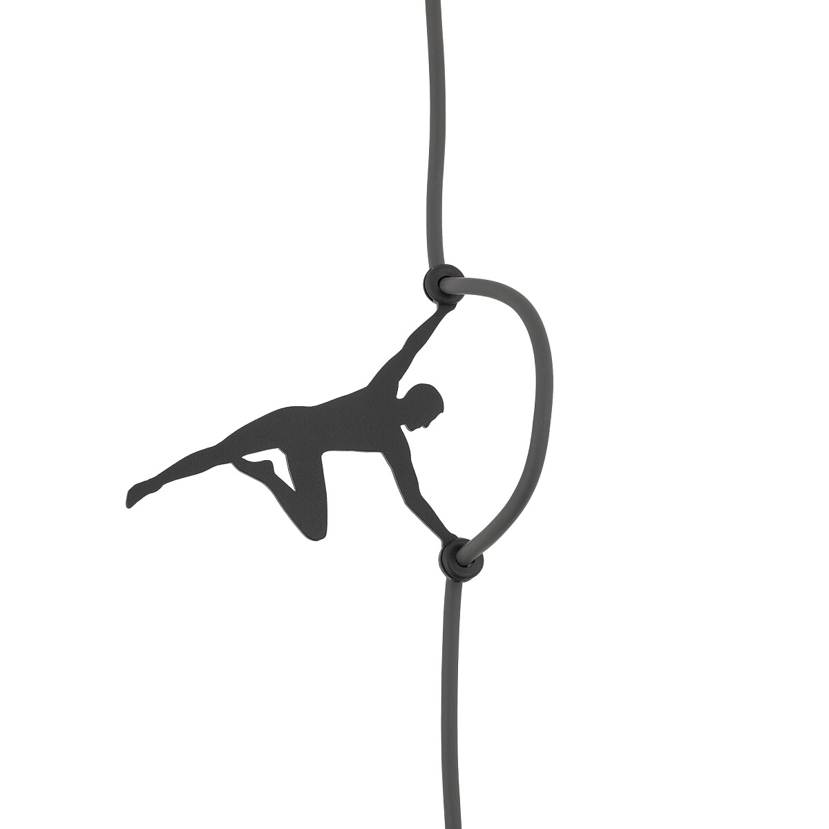 Lampa wisząca Lago M w kolorze szarym, z jednym gniazdem E27. Kabel z dekoracyjnym elementem w kształcie sylwetki człowieka w pozycji akrobatycznej, wiszący, podkreślający nowoczesny design.