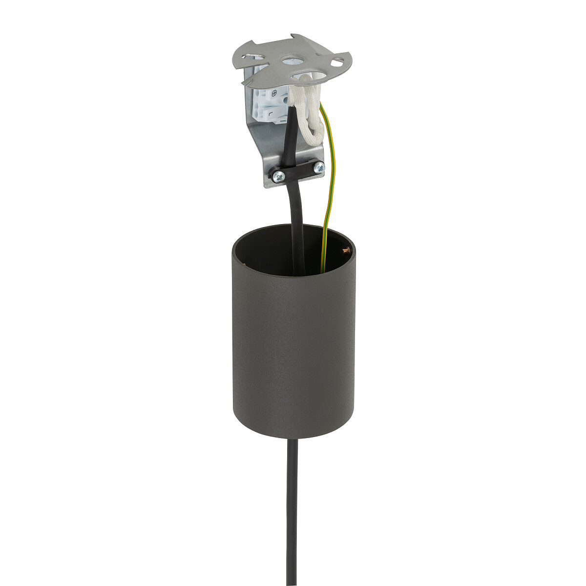 Lampa wisząca Lago M w kolorze szarym, z gładkim cylindrycznym korpusem, przeznaczona do jednej żarówki E27. Ujęcie z boku, pokazujące elementy montażowe oraz przewody elektryczne wewnątrz oprawy.